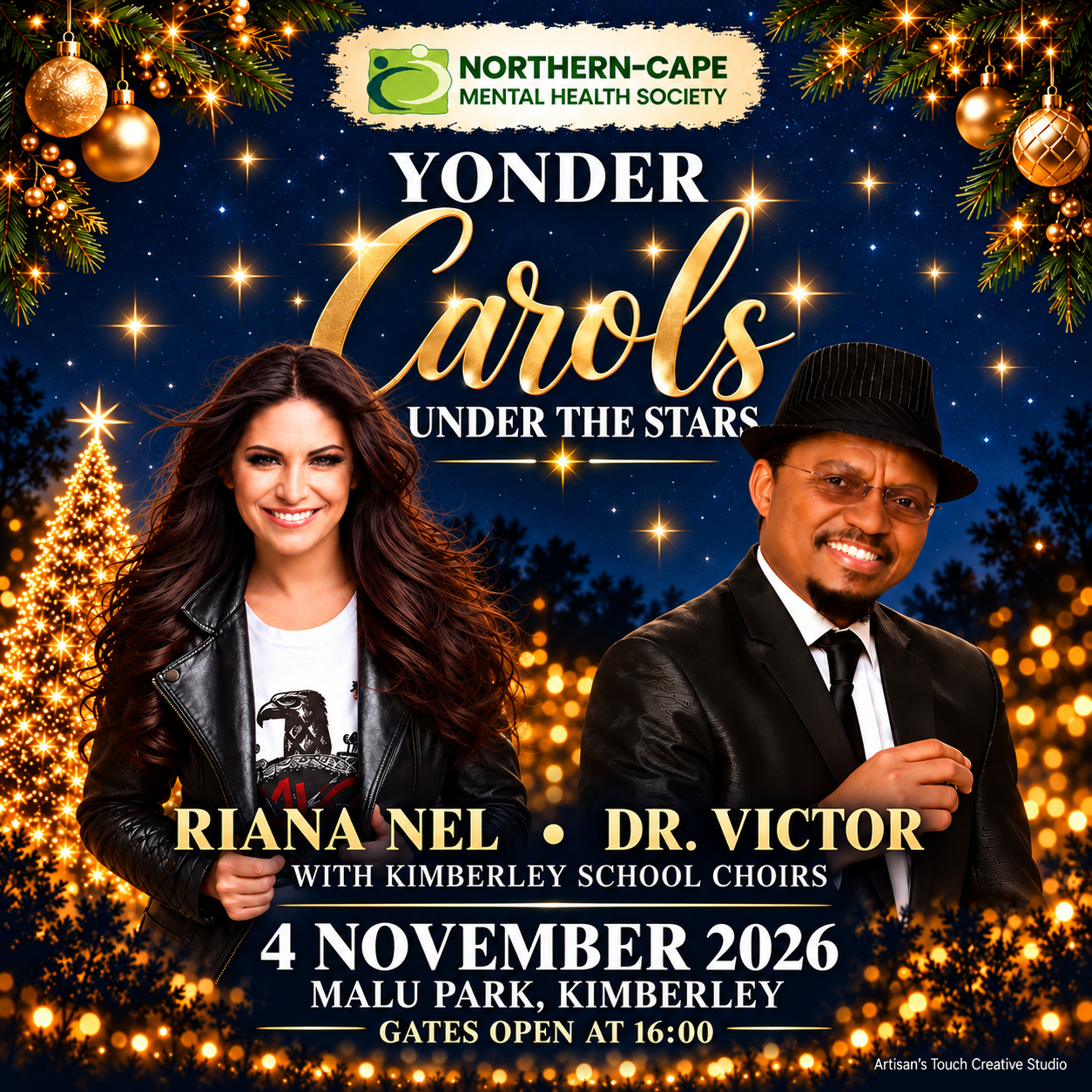 Yonder Carols Under the Stars event artwork featuring Riana Nel and Dr. Victor